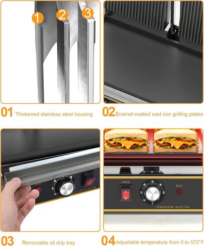 Commercial Panini Press — 19"x9" Cast Iron Enamel Plate, Adjustable Temp, 3600W Electric Sandwich Maker, Stainless Steel, Professional Panini Press Grill for Hamburger, Steak, Bacon in Kuwait