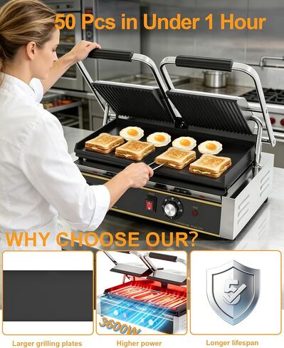 Commercial Panini Press — 19"x9" Cast Iron Enamel Plate, Adjustable Temp, 3600W Electric Sandwich Maker, Stainless Steel, Professional Panini Press Grill for Hamburger, Steak, Bacon in Kuwait