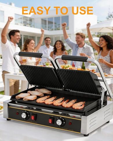 Commercial Panini Press — 19"x9" Cast Iron Enamel Plate, Adjustable Temp, 3600W Electric Sandwich Maker, Stainless Steel, Professional Panini Press Grill for Hamburger, Steak, Bacon in Kuwait