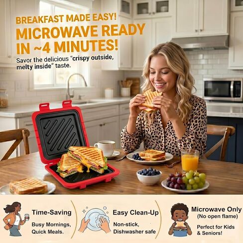 2026 Microwave Sandwich Maker, Microwave Toaster with Adjustable Silicone Strap, Removable Non-Stick Microwave Grilled Cheese Maker, Microwave Grill Crispy, Melted in Minutes for Travel, Office, Dorm in Kuwait