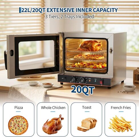 Commercial Convection Oven, 22L/20 Qt Stainless Steel Air Fryer Toaster Oven Combo, 3-Tier Countertop Rotisserie Oven with Glass Door, 1440W Baking Roaster, 30-300°c, Trays & Racks, US Plug in Kuwait
