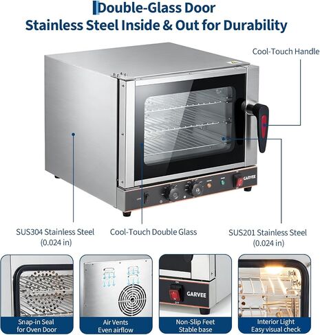 Commercial Convection Oven, 22L/20 Qt Stainless Steel Air Fryer Toaster Oven Combo, 3-Tier Countertop Rotisserie Oven with Glass Door, 1440W Baking Roaster, 30-300°c, Trays & Racks, US Plug in Kuwait