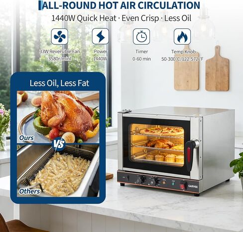 Commercial Convection Oven, 22L/20 Qt Stainless Steel Air Fryer Toaster Oven Combo, 3-Tier Countertop Rotisserie Oven with Glass Door, 1440W Baking Roaster, 30-300°c, Trays & Racks, US Plug in Kuwait