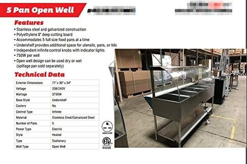Commercial 5-Pan Open Well Electric Steam Table, Stainless Steel, 71x30x34 Inch, 3750W, with Undershelf and Cutting Board N5 ETL in Kuwait