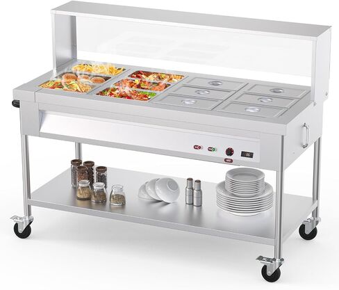 96 QT 1500W Commercial Electric Steam Table, 12-Pan Stainless Steel Bain Marie Buffet Food Warmer with 8 QT Pan Capacity, Sneeze Guard Overshelf, Lockable Casters for Catering, Restaurant in Kuwait