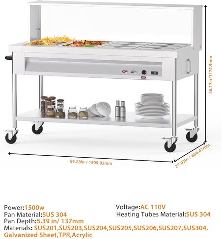 96 QT 1500W Commercial Electric Steam Table, 12-Pan Stainless Steel Bain Marie Buffet Food Warmer with 8 QT Pan Capacity, Sneeze Guard Overshelf, Lockable Casters for Catering, Restaurant in Kuwait