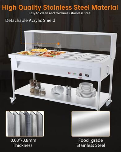 96 QT 1500W Commercial Electric Steam Table, 12-Pan Stainless Steel Bain Marie Buffet Food Warmer with 8 QT Pan Capacity, Sneeze Guard Overshelf, Lockable Casters for Catering, Restaurant in Kuwait