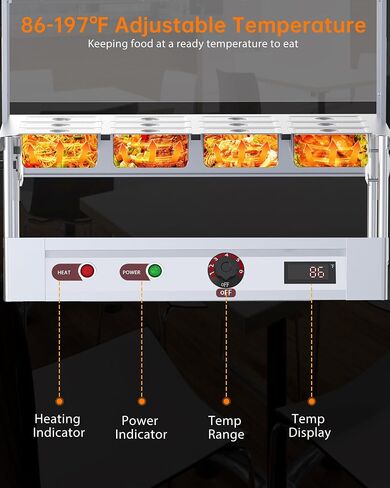 96 QT 1500W Commercial Electric Steam Table, 12-Pan Stainless Steel Bain Marie Buffet Food Warmer with 8 QT Pan Capacity, Sneeze Guard Overshelf, Lockable Casters for Catering, Restaurant in Kuwait