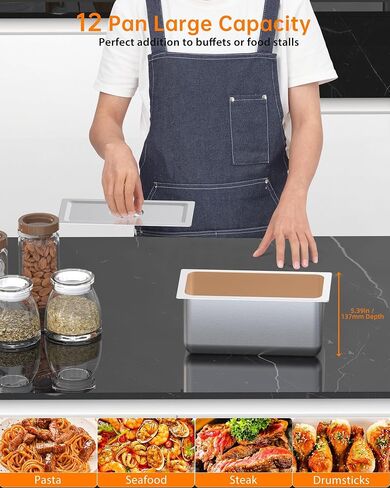 96 QT 1500W Commercial Electric Steam Table, 12-Pan Stainless Steel Bain Marie Buffet Food Warmer with 8 QT Pan Capacity, Sneeze Guard Overshelf, Lockable Casters for Catering, Restaurant in Kuwait