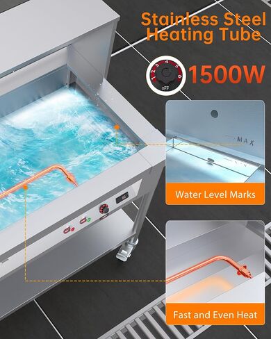 96 QT 1500W Commercial Electric Steam Table, 12-Pan Stainless Steel Bain Marie Buffet Food Warmer with 8 QT Pan Capacity, Sneeze Guard Overshelf, Lockable Casters for Catering, Restaurant in Kuwait