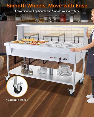 96 QT 1500W Commercial Electric Steam Table, 12-Pan Stainless Steel Bain Marie Buffet Food Warmer with 8 QT Pan Capacity, Sneeze Guard Overshelf, Lockable Casters for Catering, Restaurant in Kuwait
