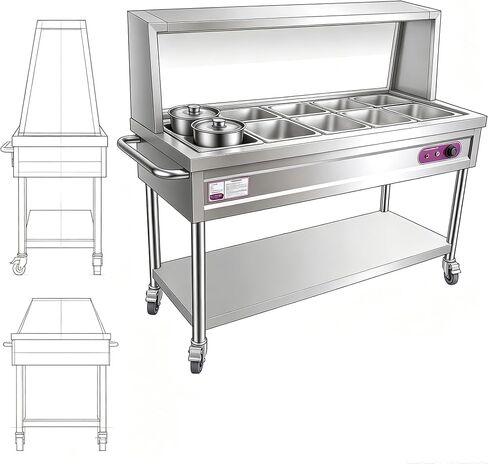 Versatile Food Warmer Steam Table 304 Stainless Steel, 1 Large 6 Small Trays 2 Pots, 30 to 110°C Dial Thermostat, Locking Casters & Drainage Valve for Self-Service Restaurant Buffets in Kuwait