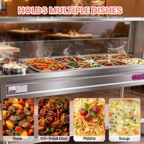 Versatile Food Warmer Steam Table 304 Stainless Steel, 1 Large 6 Small Trays 2 Pots, 30 to 110°C Dial Thermostat, Locking Casters & Drainage Valve for Self-Service Restaurant Buffets in Kuwait