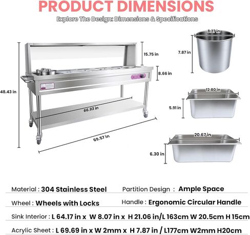 Versatile Food Warmer Steam Table 304 Stainless Steel, 1 Large 6 Small Trays 2 Pots, 30 to 110°C Dial Thermostat, Locking Casters & Drainage Valve for Self-Service Restaurant Buffets in Kuwait