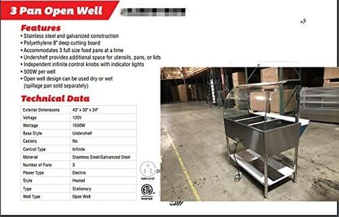 Commercial 3 Pan Open Well Steam Table, Stainless Steel, 1500W, 120V, 43x30x34 Inch, with Sneeze Guard and Undershelf, N3 ETL in Kuwait