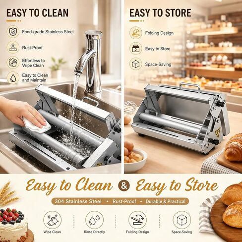 40.6"X22.8" Foldable Manual Dough Sheeter, Stainless Steel Dough Roller Machine with 0-25mm Adjustable Thickness, Pastry Sheeter for Pizza Dough, Croissant Dough, Bakery, Restaurant & Home Use in Kuwait