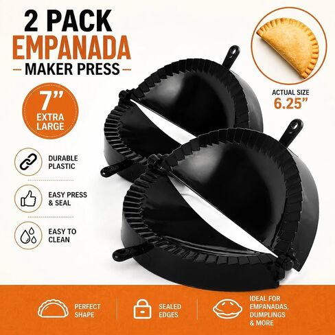 2-Pack Empanada Maker Press Set, 7 Inch Dumpling Mold for Hand Pies, Turnovers and Pastries, Black Durable Plastic in Kuwait