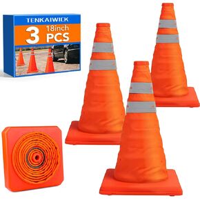 TENKAIWICK 18 Inch 6 Pack Traffic Cones,Collapsible Safety Cones,Multi Purpose Pop-up Cones with Reflective Collar,Orange Cones for Parking lot, Driveway, Driving Training etc in Kuwait