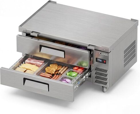 Coolski Commercial Chef Base Refrigerator, 48"W Double Drawers Chef Bases Worktop Refrigerators with Wheels, 33-41℉, 10 Pans Commercial Undercounter Fridge for Restaurant/Bar/Diner/Kitchen Use in Kuwait