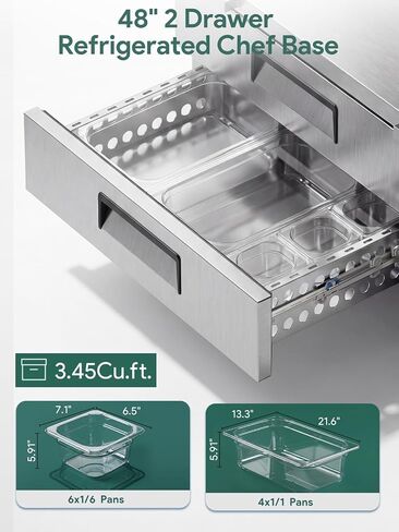 Coolski Commercial Chef Base Refrigerator, 48"W Double Drawers Chef Bases Worktop Refrigerators with Wheels, 33-41℉, 10 Pans Commercial Undercounter Fridge for Restaurant/Bar/Diner/Kitchen Use in Kuwait