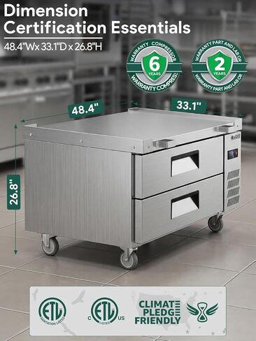 Coolski Commercial Chef Base Refrigerator, 48"W Double Drawers Chef Bases Worktop Refrigerators with Wheels, 33-41℉, 10 Pans Commercial Undercounter Fridge for Restaurant/Bar/Diner/Kitchen Use in Kuwait
