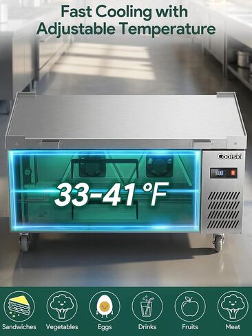Coolski Commercial Chef Base Refrigerator, 48"W Double Drawers Chef Bases Worktop Refrigerators with Wheels, 33-41℉, 10 Pans Commercial Undercounter Fridge for Restaurant/Bar/Diner/Kitchen Use in Kuwait