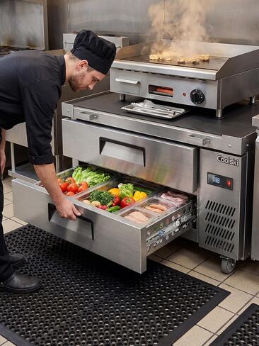 Coolski Commercial Chef Base Refrigerator, 48"W Double Drawers Chef Bases Worktop Refrigerators with Wheels, 33-41℉, 10 Pans Commercial Undercounter Fridge for Restaurant/Bar/Diner/Kitchen Use in Kuwait