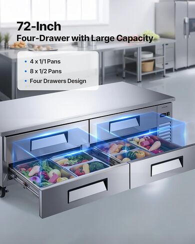 VEVOR 60" W Commercial Refrigerator, 15.4 Cu. Ft Sandwich Prep Refrigerated Table, Mega Top Food Prep Fridge with 16 Pans Cutting Board, Stainless Steel Salad Prep Cooler for Restaurant, Food Truck in Kuwait