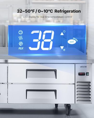 VEVOR 60" W Commercial Refrigerator, 15.4 Cu. Ft Sandwich Prep Refrigerated Table, Mega Top Food Prep Fridge with 16 Pans Cutting Board, Stainless Steel Salad Prep Cooler for Restaurant, Food Truck in Kuwait