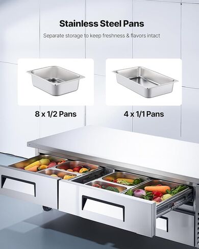 VEVOR 60" W Commercial Refrigerator, 15.4 Cu. Ft Sandwich Prep Refrigerated Table, Mega Top Food Prep Fridge with 16 Pans Cutting Board, Stainless Steel Salad Prep Cooler for Restaurant, Food Truck in Kuwait