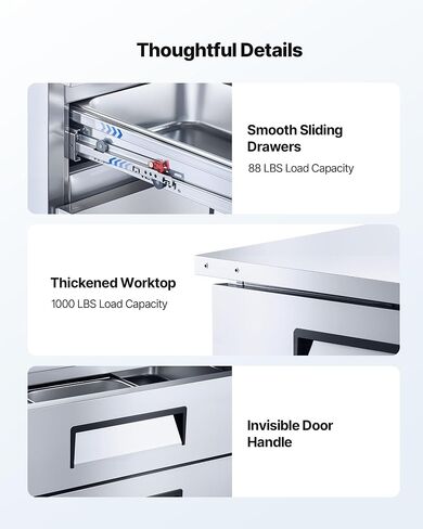 VEVOR 60" W Commercial Refrigerator, 15.4 Cu. Ft Sandwich Prep Refrigerated Table, Mega Top Food Prep Fridge with 16 Pans Cutting Board, Stainless Steel Salad Prep Cooler for Restaurant, Food Truck in Kuwait