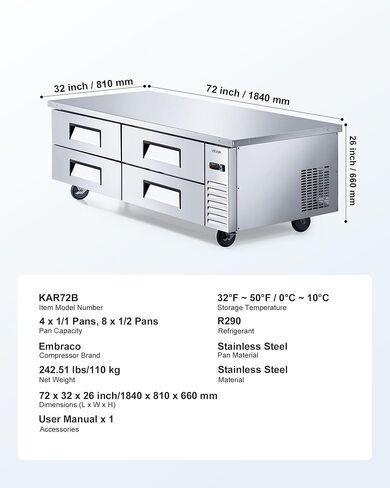 VEVOR 60" W Commercial Refrigerator, 15.4 Cu. Ft Sandwich Prep Refrigerated Table, Mega Top Food Prep Fridge with 16 Pans Cutting Board, Stainless Steel Salad Prep Cooler for Restaurant, Food Truck in Kuwait