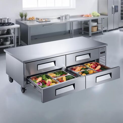 VEVOR 60" W Commercial Refrigerator, 15.4 Cu. Ft Sandwich Prep Refrigerated Table, Mega Top Food Prep Fridge with 16 Pans Cutting Board, Stainless Steel Salad Prep Cooler for Restaurant, Food Truck in Kuwait