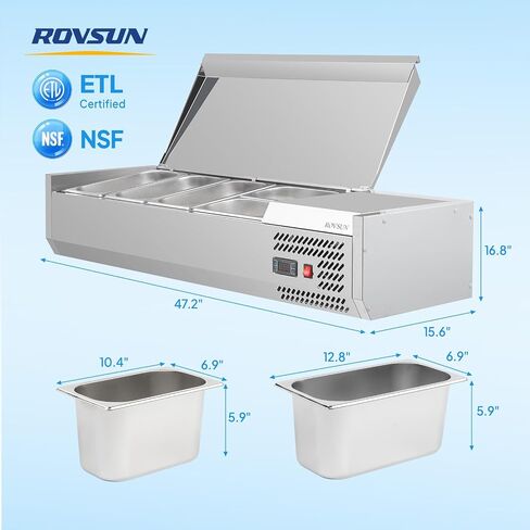 محطة إعداد البهارات المبردة ROVSUN مقاس 48 بوصة، طاولة إعداد الساندوتشات ETL NSF، 25.1QT قضيب إعداد السكك الحديدية مع التحكم التلقائي في درجة الحرارة غطاء من الفولاذ المقاوم للصدأ 3 1/3 مقلاة و2 1/4 مقلاة لشاحنة طعام المطعم in Saudi Arabia