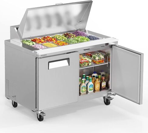 ROVSUN 49" W Sandwich Salad Prep Table Refrigerator ETL NSF, 13.6 Cu.Ft Commercial Refrigerator Salad Bar Stainless Steel w/12 Pans Cutting Board Lockable Wheels Front Door for Restaurant in Kuwait