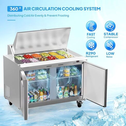ROVSUN 49" W Sandwich Salad Prep Table Refrigerator ETL NSF, 13.6 Cu.Ft Commercial Refrigerator Salad Bar Stainless Steel w/12 Pans Cutting Board Lockable Wheels Front Door for Restaurant in Kuwait