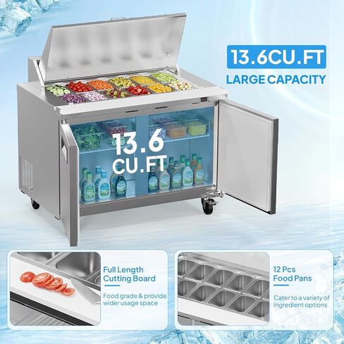ROVSUN 49" W Sandwich Salad Prep Table Refrigerator ETL NSF, 13.6 Cu.Ft Commercial Refrigerator Salad Bar Stainless Steel w/12 Pans Cutting Board Lockable Wheels Front Door for Restaurant in Kuwait