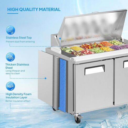 ROVSUN 49" W Sandwich Salad Prep Table Refrigerator ETL NSF, 13.6 Cu.Ft Commercial Refrigerator Salad Bar Stainless Steel w/12 Pans Cutting Board Lockable Wheels Front Door for Restaurant in Kuwait