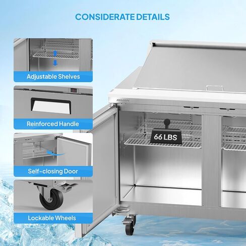 ROVSUN 49" W Sandwich Salad Prep Table Refrigerator ETL NSF, 13.6 Cu.Ft Commercial Refrigerator Salad Bar Stainless Steel w/12 Pans Cutting Board Lockable Wheels Front Door for Restaurant in Kuwait
