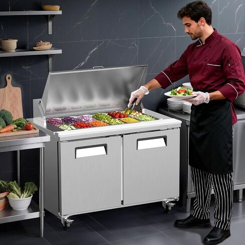 ROVSUN 49" W Sandwich Salad Prep Table Refrigerator ETL NSF, 13.6 Cu.Ft Commercial Refrigerator Salad Bar Stainless Steel w/12 Pans Cutting Board Lockable Wheels Front Door for Restaurant in Kuwait