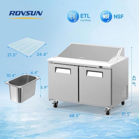 ROVSUN 49" W Sandwich Salad Prep Table Refrigerator ETL NSF, 13.6 Cu.Ft Commercial Refrigerator Salad Bar Stainless Steel w/12 Pans Cutting Board Lockable Wheels Front Door for Restaurant in Kuwait