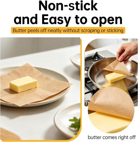 Butter Wrappers for Homemade, Greaseproof Paper Sheets, 100 Packs Oil-Resistant and Non-Stick Baking Paper, Pre-Cut Unbleached Sheets, Simple to Use, Sturdy and Long-Lasting, Great for Butter in Kuwait
