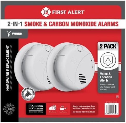 First Alert Combination Smoke & Carbon Monoxide Alarm, Interconnect Hardwire Detector with Battery Backup and Voice & Location Alerts, SMCO100V-AC, 2-Pack in Kuwait