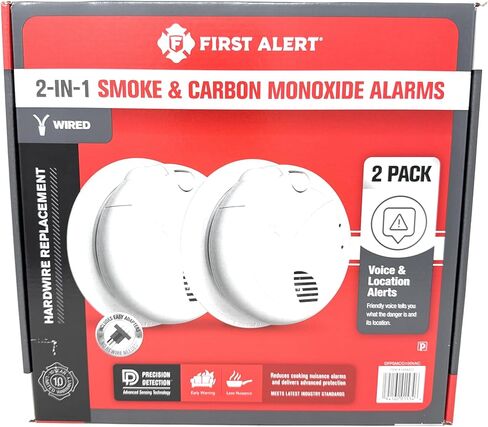 First Alert Combination Smoke & Carbon Monoxide Alarm, Interconnect Hardwire Detector with Battery Backup and Voice & Location Alerts, SMCO100V-AC, 2-Pack in Kuwait
