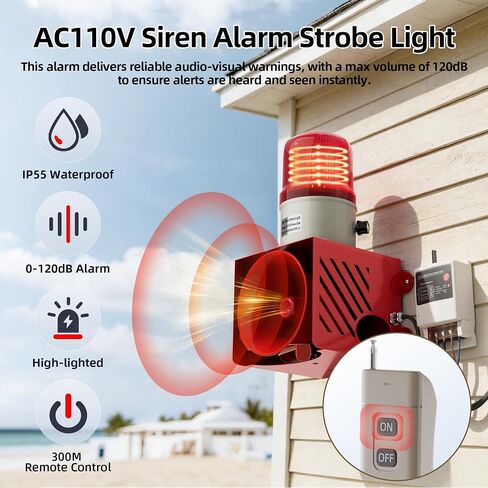 Joinfworld AC110V 120dB تحذير صفارة الإنذار إنذار الطوارئ ستروب التحكم عن بعد إنذار المكونات في الأمن حجم قابل للتعديل للمستودع، المصنع، المزرعة، المرآب in Kuwait