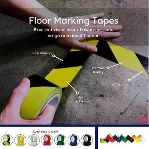 ASA Vinyl Floor Marking, Safety Marking, Gym, Court Floor, Light Traffic Floor, Social Distancing, Marking Tape, 2" (48mm) x 36 Yards (108"), 5 Mil, PVC, Black & Yellow Stripe, (1 Roll) in Kuwait