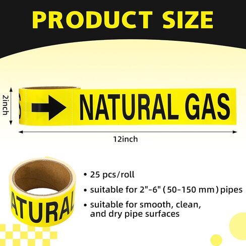 25 Pcs Natural Gas Pipe Markers 2" x 12" Self Adhesive Safety Stickers Gas Pipe Labels with Directional Arrows for Pipefitter Pipes Lines Inspections Regulators Heaters in Kuwait