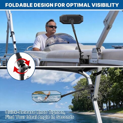 Pontoon Boat Mirror Rear View, Flag 4.8"x12.4" Large Convex Marine Mirror with Foldable Telescoping Pole, 360 Degree Adjustable Ball Joint, Quick Clamp On for Ski Boats & Pontoon Accessories in Kuwait