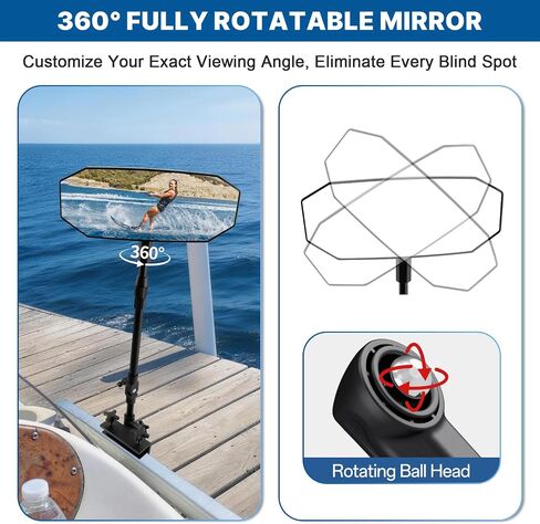 Pontoon Boat Mirror Rear View, Flag 4.8"x12.4" Large Convex Marine Mirror with Foldable Telescoping Pole, 360 Degree Adjustable Ball Joint, Quick Clamp On for Ski Boats & Pontoon Accessories in Kuwait