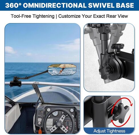 Pontoon Boat Mirror Rear View, Flag 4.8"x12.4" Large Convex Marine Mirror with Foldable Telescoping Pole, 360 Degree Adjustable Ball Joint, Quick Clamp On for Ski Boats & Pontoon Accessories in Kuwait
